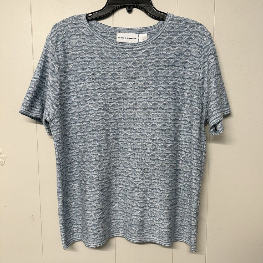 Alfred Dunner Top Blue Short Sleeves Scoop Neck Knit USA Made Women M EUC